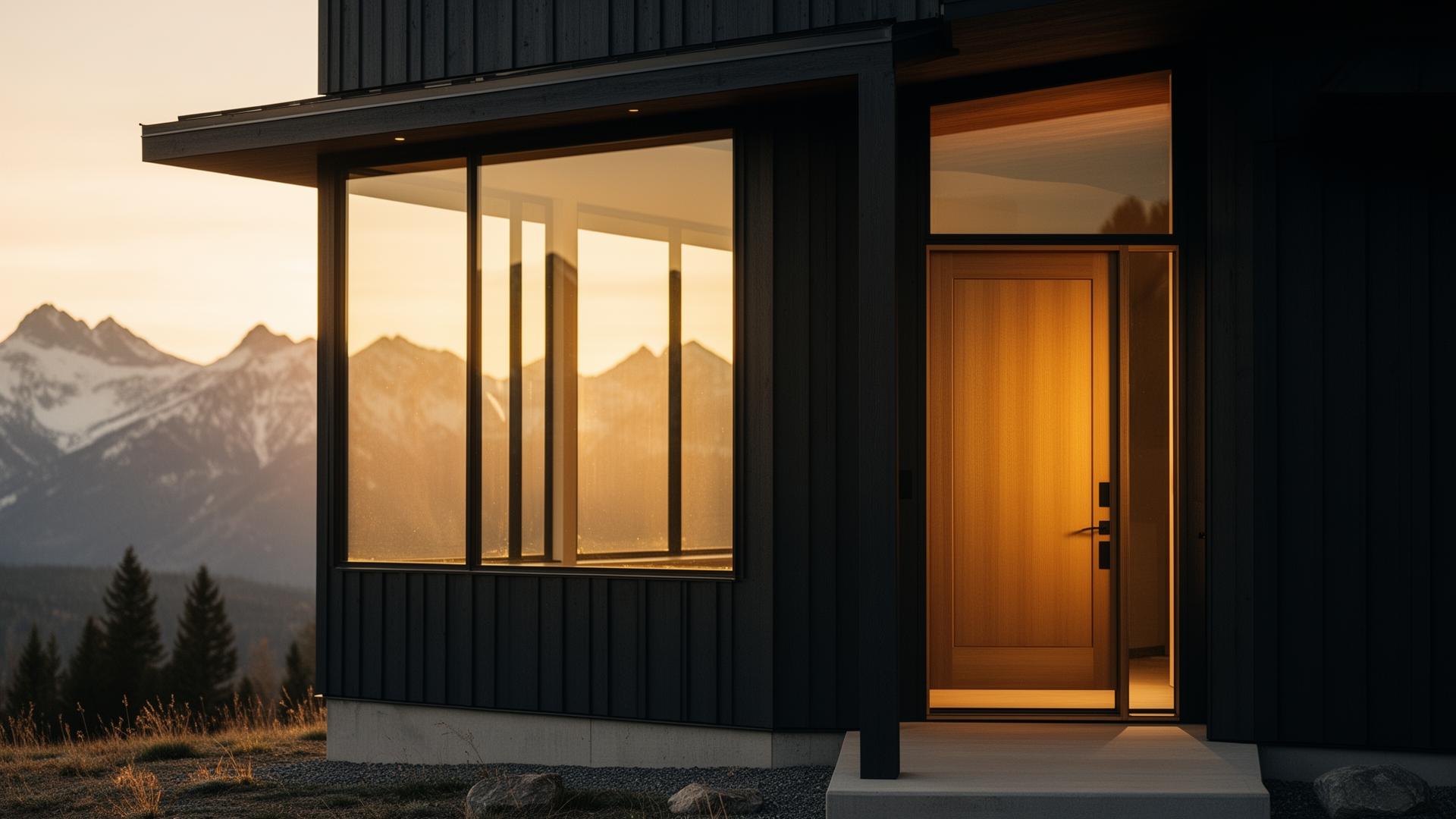 Modern Montana home with large architectural window and a pre-hung front door at golden hour